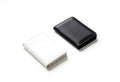 Blank black and white passport cover mockup set, isolated, 3d rendering. Empty closed pocketbook mock up, side view