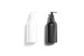 Blank black and white plastic foam pump bottle mockup lying,