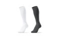 Blank black and white soccer socks toe mockup, half-turned view