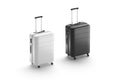 Blank black and white suitcase with handle mockup, side view