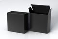 Blank black wide square box with open and closed hinged flap lid on white background. Royalty Free Stock Photo