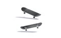Blank black wood skateboard mockup, no gravity, top and bottom