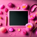 Blank blackboard with cosmetics and flowers on pink background, top view Generative AI