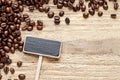 Blank blackboard label and coffee beans  on wood Royalty Free Stock Photo