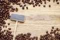 Blank blackboard label and coffee beans  on wood Royalty Free Stock Photo