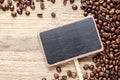 Blank blackboard label and coffee beans  on wood Royalty Free Stock Photo