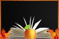 Blank blackboard, openned book and autumn maple leaves