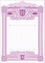 Vertical form for creating certificates and diplomas in lilac tones. With coat of arms and monogram H.