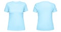 Blank blue female t shirt template front and back side view isolated on white background. T-shirt design mockup for Royalty Free Stock Photo