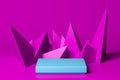 Blank Blue Foursquare Showcase with Empty Space on Pink Background Near Triangular Abstract Figures. 3d rendering