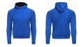 Blank blue hoodie sweatshirt with clipping path, mens pullover for your design mockup and template for print, white background.