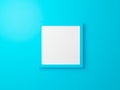 Blank blue photo frame hanging on wall texture in gallery. 3d render interior for product. Empty clean square picture on cyan