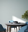 Blank blue wall in cozy light dining room interior, close up, 3d render Royalty Free Stock Photo