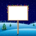 Blank board on winter night with christmas lights