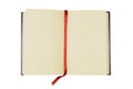 Old blank open writing book with bookmark, copy space Royalty Free Stock Photo