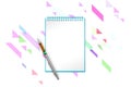 Blank book with diagonal lines, triangles and diagonal blocks on background for celebration ideas. 3d illustration