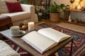 Blank book mockup on coffee table with rug Royalty Free Stock Photo