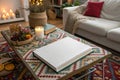 Blank book mockup on coffee table with rug Royalty Free Stock Photo