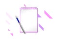 Blank book with navy blue diagonal blocks, triangles and diagonal lines on background for greets adding. 3d illustration