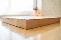 Blank brown cardboard Pizza paper box isolated on the table.