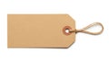 A blank brown kraft paper tag with a looped jute string, isolated on a clean white background from a top-down view Royalty Free Stock Photo