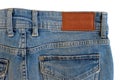 Blank brown leather label sewed on a blue jeans. Royalty Free Stock Photo