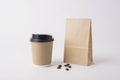 Blank brown paper bag and coffee cup for mockup template