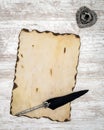 Blank burned vintage card with ink and quill on white painted oak - top view