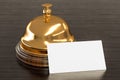 Blank business card for hotels on the wooden desk background. 3D rendering