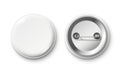 Blank button badge. White pinback badges, pin button and pinned back realistic isolated vector mockup