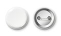 Blank button badge. White pinback badges, pin button and pinned back realistic isolated vector mockup