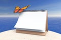Blank Calendar with Butterly in front of Ocean. 3d Rendering