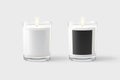 Blank candle in glass jar with black, white label mockup