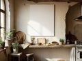 Frame Mockup Blank canvas in a rustic kitchen with a wooden table, plants, and various kitchenware Royalty Free Stock Photo