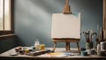 A blank canvas or easel with an artist\'s brush and paint palette against a serene, muted background. Royalty Free Stock Photo