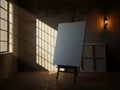 A blank canvas on an easel in a dimly lit art studio, bathed in sunlight from a window Royalty Free Stock Photo