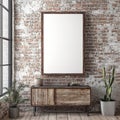 Blank canvas frame on brick wall above rustic cabinet with plants in a modern interior room Royalty Free Stock Photo