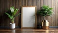 Blank canvas framed in wood, flanked by lush greenery in elegant planters against a rich wood panel wall. Generative AI Royalty Free Stock Photo