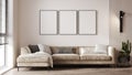 blank canvas mock up in modern living room interior with beige sofa, wooden floor, wall panel and cactus, 3d rendering Royalty Free Stock Photo