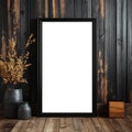 Blank Canvas Modern Black Frame Mockup on Rustic Wood Royalty Free Stock Photo