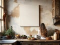 Blank canvas in a rustic kitchen with a long wooden table Frame Mockup Royalty Free Stock Photo