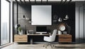 A blank canvas on a sleek wall in a modern office setting as a Wall Art Mockup with stylish desk Royalty Free Stock Photo