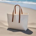 A blank canvas tote bag on a beach with customizable accessories1 Royalty Free Stock Photo