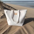 A blank canvas tote bag on a beach with customizable accessories3 Royalty Free Stock Photo