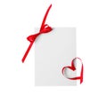 Blank card with bow and heart made of red ribbon on white background, top view. Valentine`s Day celebration Royalty Free Stock Photo