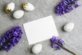 Blank card, Easter eggs and blue hyacinth flowers on gray background. Easter concept. Top view, flat lay, mockup Royalty Free Stock Photo