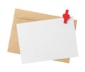 Blank card, envelope and decorative clothespin on white background, top view. Valentine`s Day celebration Royalty Free Stock Photo