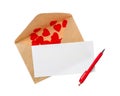 Blank card, envelope and pen on white background, top view. Valentine`s Day celebration Royalty Free Stock Photo