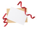 Blank card, envelope and red ribbons, top view. Valentine`s Day celebration Royalty Free Stock Photo