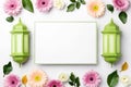 Blank card with green lanterns and flowers Royalty Free Stock Photo